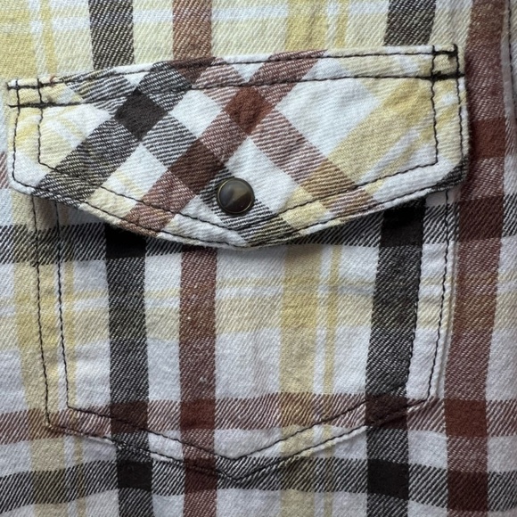 Cody James Boys Plaid Flannel Pearl Snap Shirt Beige Brown Western Pockets Large - Picture 8 of 15